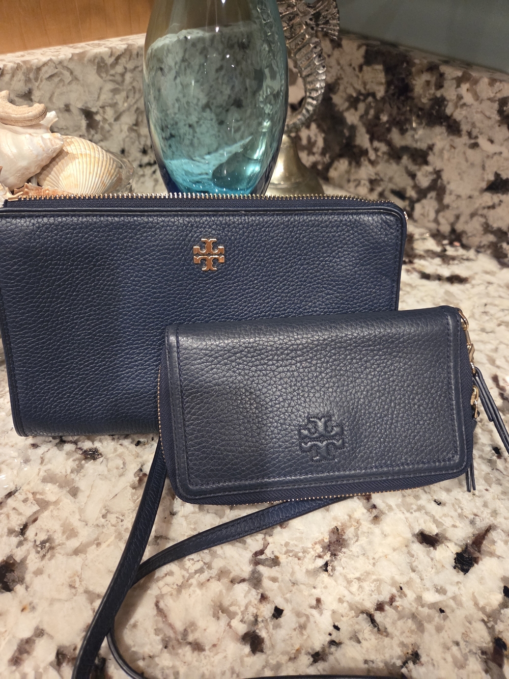 Tory Burch Navy Pebbled Leather Crossbody Bag and Wallet Set